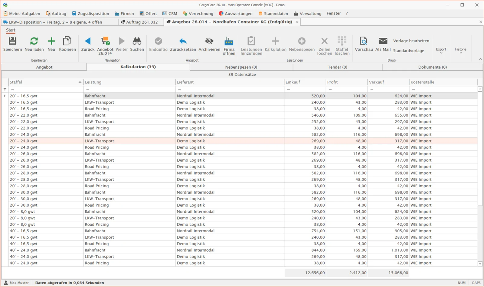 Quotation, calculation tab: rail freight, truck transport and road pricing per weight bracket with cost, profit and sales price