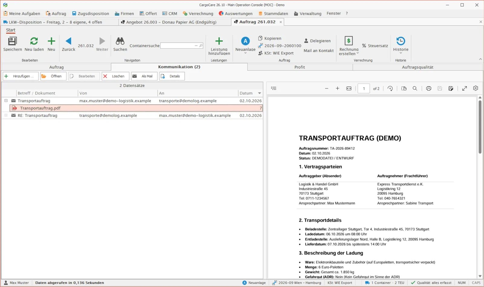 Order, communication tab: e-mails and attachments on the order with a preview of the transport order