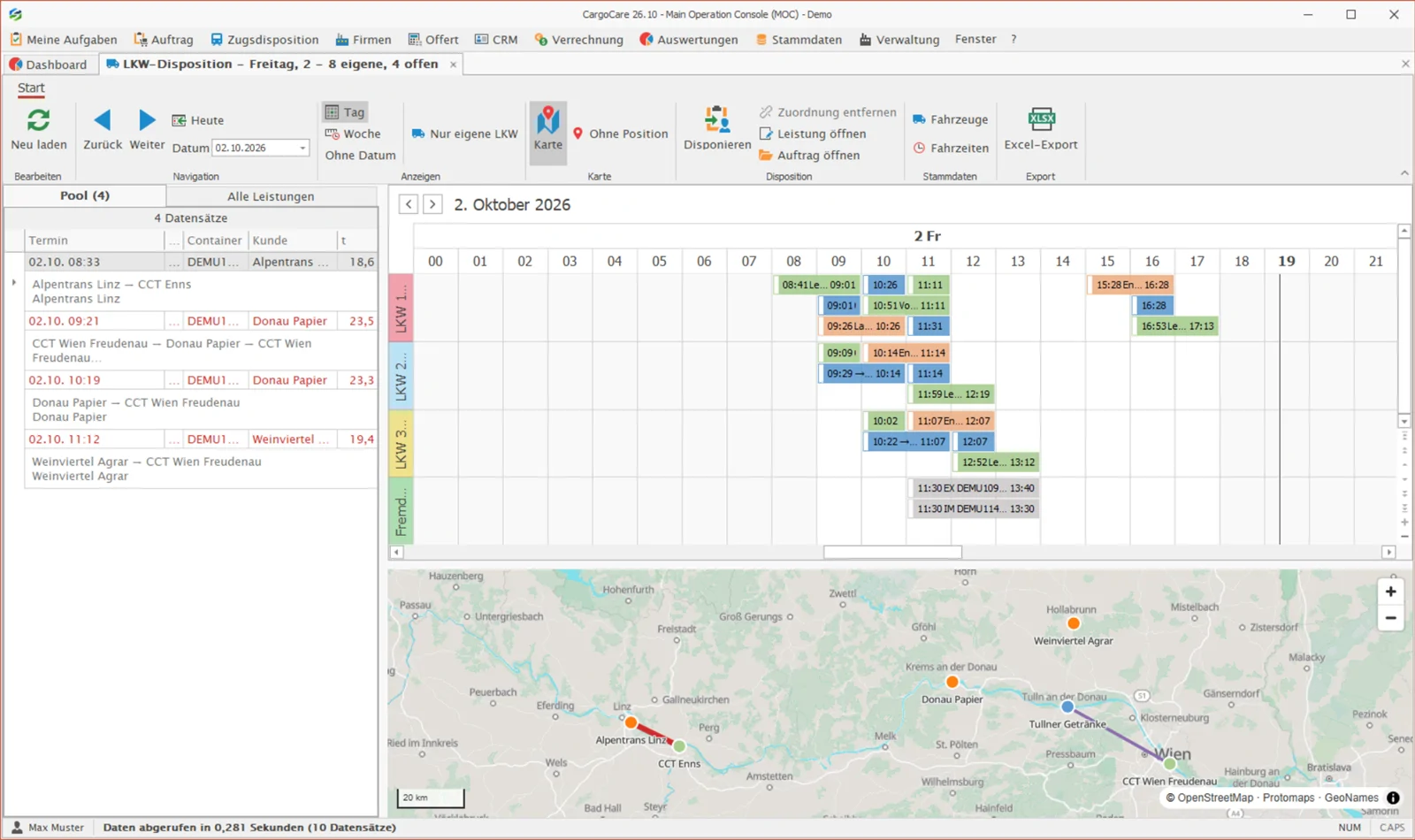 Truck dispatch: open trips, daily plan per truck and map with tour route
